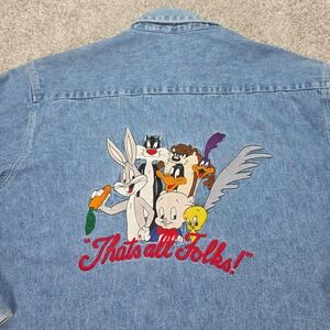 Vintage Warner Bros Looney Tunes Denim Shirt Thats All Folks Embroidered Large